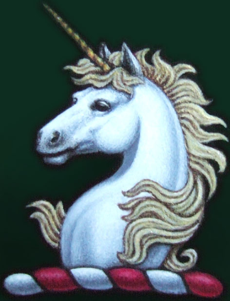 Unicorn crest on antique horse-drawn carriage
