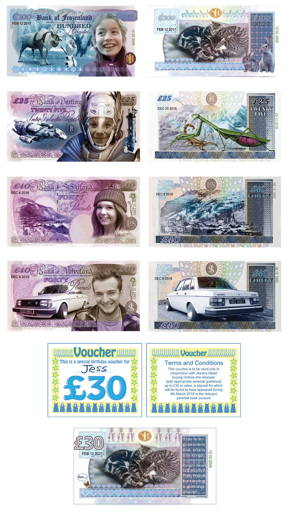 assortment of personalised bank notes